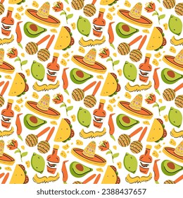 Mexican tradition Food Vector Seamless pattern. Hand drawn doodle Tequila, corn tortilla, taco, burritos, guacamole, nachos corn chips, Vegetables

