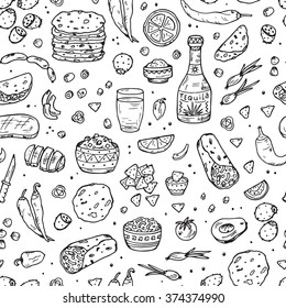 Mexican tradition Food Vector Seamless pattern. Hand drawn doodle Tequila, corn tortilla, taco, burritos, guacamole, nachos corn chips, Vegetables