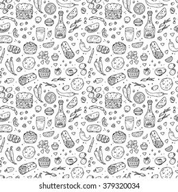 Mexican tradition Food Vector Seamless pattern. Hand drawn doodle Tequila, corn tortilla, taco, burritos, guacamole, nachos corn chips, Vegetables