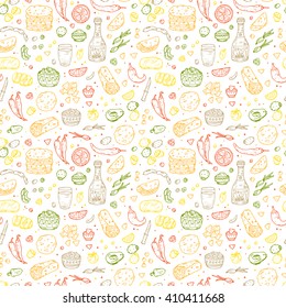 Mexican tradition Food Vector Seamless pattern. Hand drawn doodle Tequila, corn tortilla, taco, burritos, guacamole, nachos corn chips, Vegetables