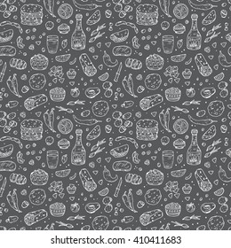 Mexican tradition Food Vector Seamless pattern. Hand drawn doodle Tequila, corn tortilla, taco, burritos, guacamole, nachos corn chips, Vegetables. Black and white background