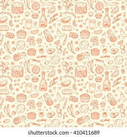 Mexican tradition Food Vector Seamless pattern. Hand drawn doodle Tequila, corn tortilla, taco, burritos, guacamole, nachos corn chips, Vegetables