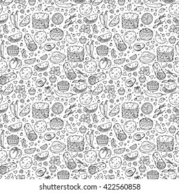 Mexican tradition Food Vector Seamless pattern. Hand drawn doodle corn tortilla, taco, burritos, guacamole, nachos corn chips, Vegetables