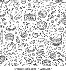 Mexican tradition Food Vector Seamless pattern. Hand drawn doodle corn tortilla, taco, burritos, guacamole, nachos corn chips, Vegetables