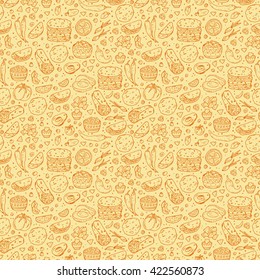 Mexican tradition Food Vector Seamless pattern. Hand drawn doodle corn tortilla, taco, burritos, guacamole, nachos corn chips, Vegetables