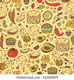 Mexican tradition Food Vector Seamless pattern. Hand drawn doodle corn tortilla, taco, burritos, guacamole, nachos corn chips, Vegetables