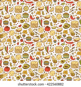 Mexican tradition Food Vector Seamless pattern. Hand drawn doodle corn tortilla, taco, burritos, guacamole, nachos corn chips, Vegetables