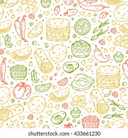 Mexican tradition Food Vector Seamless pattern. Hand drawn doodle corn tortilla, taco, burritos, guacamole, nachos corn chips, Vegetables