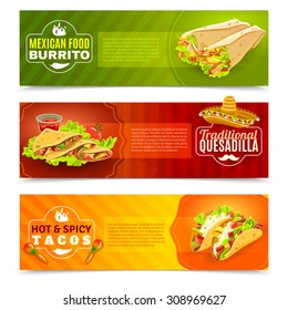 Mexican tradition futures and cuisine or food flat color horizontal banner set isolated vector illustration