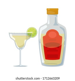 Mexican traditional beverage - glass and bottle of tequila and cocktail margarita. Vector