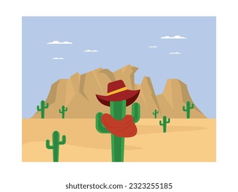 Mexican traditional cactus hat  with mountain view sand dancing with the wind. Background stock. Vector flat illustration