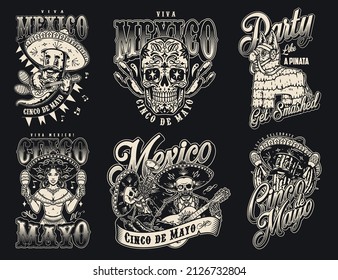 Mexican traditional characters monochrome vintage emblems set with mexican musicians playing trumpet, maracas and guitar, calavera with stars instead of eyes, pinata toy, vector illustration