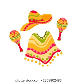 Mexican Traditional Clothes Sombrero Hat Maraca, Mexico Cinco De Mayo Holiday Flat Vector Illustration. Cinco de Mayo Mexican Hat, Maracas Cartoon Clipart. Mexican poncho icon