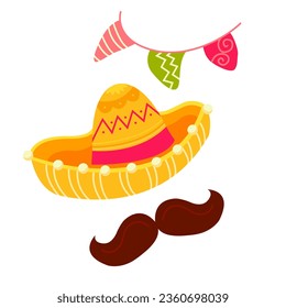 Mexican Traditional Clothes Sombrero Hat Maraca, Mexico Cinco De Mayo Holiday Flat Vector Illustration. Cinco de Mayo Mexican Hat, Maracas Cartoon Clipart. 