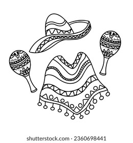 Mexican Traditional Clothes Sombrero Hat Maraca, Mexico Cinco De Mayo Holiday Flat Vector Illustration. Cinco de Mayo Mexican Hat, Maracas Cartoon Clipart. Mexican poncho icon line art