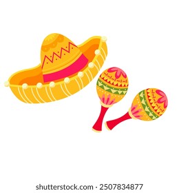 Mexican Traditional Clothes Sombrero Hat Maraca, Mexico Cinco De Mayo Holiday Flat Vector Illustration. Cinco de Mayo Mexican Hat, Maracas Cartoon Clipart. Mexican Maracas icon