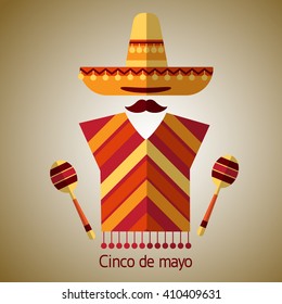 Mexican Traditional Clothes Sombrero Hat Maraca, Mexico Cinco De Mayo Holiday Flat Vector Illustration