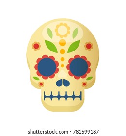 Mexican traditional colorful ethnic mask, skull elements. Carnival masquerade with mask aztec, in Mexico city, festival of street. Holiday, vacation with costumes, music. Vector illustration.