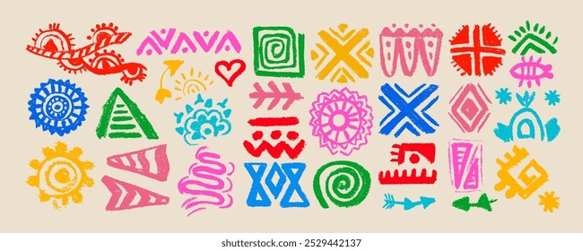 Símbolo y letrero colorido tradicional mexicano. Conjunto de animales aztecas abstractos e ídolos de tótem de aves, antiguos signos tradicionales primitivos de la civilización maya inca. Ornamento de Vector de nativos americanos, azteca