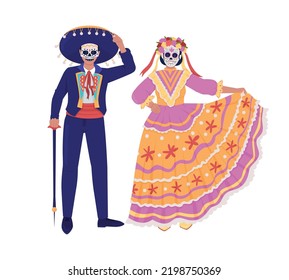 Mexican Traditional Costumes Semi Flat Color Vector Characters. Editable Figures. Full Body People On White. Dead Of Dead Simple Cartoon Style Illustration For Web Graphic Design And Animation