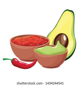 mexican traditional culture with avocado, bowl with mole sauce, guacamole and chili pepper icon cartoon vector illustration graphic design