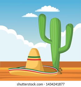 mexican traditional culture with catus and mexican hat icon cartoon over the sand with cloudy sky in a desert landscape vector illustration graphic design