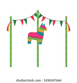 mexican traditional culture with horse pinata, sticks and pendants icon cartoon vector illustration graphic design