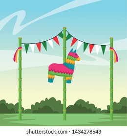 mexican traditional culture with horse pinata, sticks and pendants icon cartoon over the grass with shruberry and blue sky vector illustration graphic design