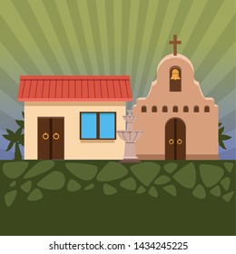 mexican traditional culture with traditional mexican house building, traditional mexican church and water fountain icon cartoon over rocks under the ground and palms vector illustration graphic design