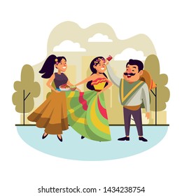 mexican traditional culture mariachis with dancer woman with flower in her hair, man with moustache, mexican hat and tequila bottle and woman with flowers in her hair holding a tray with bowl of beans