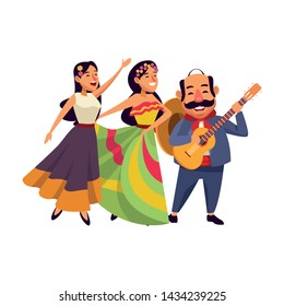 mexican traditional culture mariachis with dancer woman with flower in her hair, singer woman with flower in her hair and man with moustache, mexican hat and guitar avatar cartoon character vector