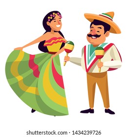mexican traditional culture mariachis with dancer woman with flower in her hair and man with moustache, mexican hat and maracas avatar cartoon character vector illustration graphic design