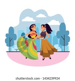 mexican traditional culture mariachis with dancer woman with flower in her hair and woman with flowers in her hair holding a tray with bowl of beans, guacamole and chili pepper avatar cartoon