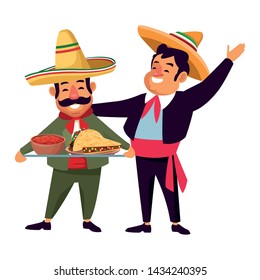 mexican traditional culture mariachis with dancer woman with flower in her hair, man with moustache, mexican hat and guitar and man with moustache, mexican hat and trumpet avatar cartoon character