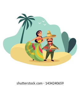 mexican traditional culture mariachis with dancer woman with flower in her hair, man with moustache, mexican hat and guitar and man with moustache, mexican hat and trumpet avatar cartoon character