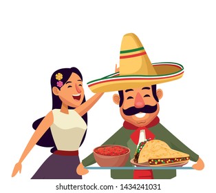 mexican traditional culture mariachis with dancer woman with flower in her hair, man with moustache, mexican hat and guitar and man with moustache, mexican hat and trumpet avatar cartoon character