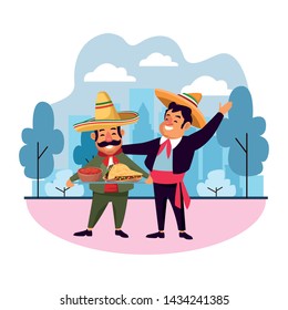 mexican traditional culture mariachis with dancer woman with flower in her hair, man with moustache, mexican hat and guitar and man with moustache, mexican hat and trumpet avatar cartoon character