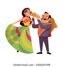 mexican traditional culture mariachis with dancer woman with flower in her hair and man with moustache, mexican hat and trumpet avatar cartoon character vector illustration graphic design