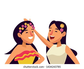 mexican traditional culture mariachis with dancer woman with flower in her hair, man with moustache, mexican hat and guitar and man with moustache, mexican hat and trumpet avatar cartoon character