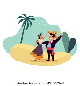 mexican traditional culture mariachis with dancer woman with flower in her hair, man with moustache, mexican hat and guitar and man with moustache, mexican hat and trumpet avatar cartoon character