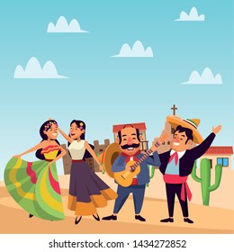 mexican traditional culture mariachis with dancer woman with flower in her hair, singer woman with flower in her hair and man with moustache, mexican hat and guitar avatar cartoon character in desert