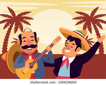 mexican traditional culture mariachis man with mexican hat and suit and man with moustache, mexican hat and guitar avatar cartoon character in sunny landscape with palms silhouette vector illustration