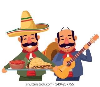 mexican traditional culture mariachis man with moustache, mexican hat and guitar and man with moustache and mexican hat holding a tray with mole sauce and tacos avatar cartoon character vector