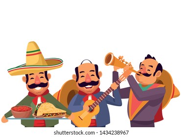 mexican traditional culture mariachis man with moustache, mexican hat and guitar, man with moustache, mexican hat and trumpet and man with moustache and mexican hat holding a tray with mole sauce and