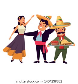 mexican traditional culture mariachis man with mexican hat and suit, singer woman with flower in her hair and man with moustache and mexican hat holding a tray with mole sauce and tacos avatar cartoon
