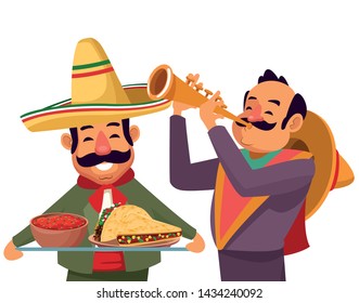 mexican traditional culture mariachis man with moustache, mexican hat and trumpet and man with moustache and mexican hat holding a tray with mole sauce and tacos avatar cartoon character vector
