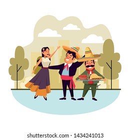 mexican traditional culture mariachis man with mexican hat and suit, singer woman with flower in her hair and man with moustache and mexican hat holding a tray with mole sauce and tacos avatar cartoon