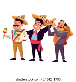 mexican traditional culture mariachis man with mexican hat and suit, man with moustache, mexican hat and maracas and man with moustache, mexican hat and trumpet avatar cartoon character vector