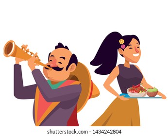 mexican traditional culture mariachis man with moustache, mexican hat and trumpet and woman with flowers in her hair holding a tray with bowl of beans, guacamole and chili pepper avatar cartoon