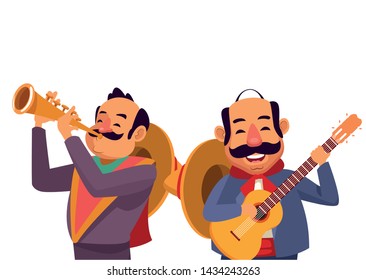 mexican traditional culture mariachis man with moustache, mexican hat and guitar and man with moustache, mexican hat and trumpet avatar cartoon character vector illustration graphic design